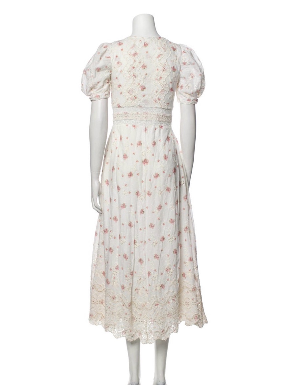 LoveShackFancy White Maxi Dress with Pink Floral Embroidery